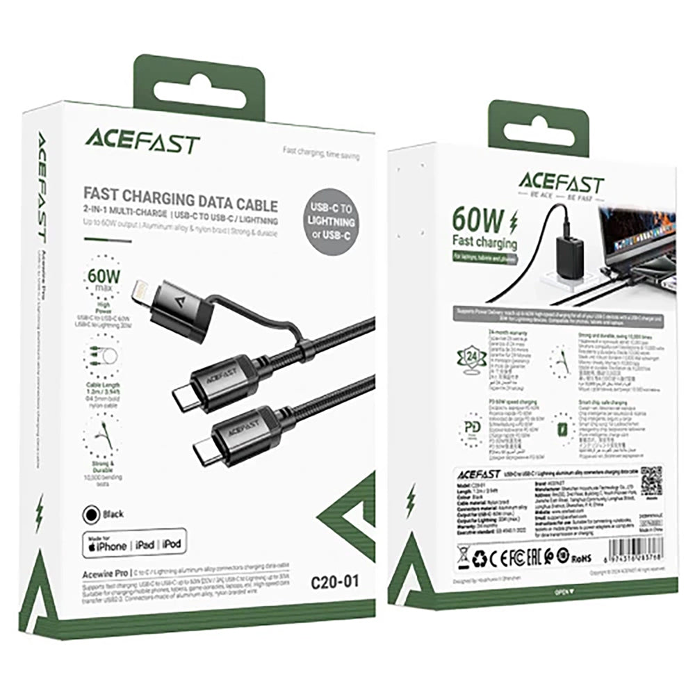 USB-C - Lightning / USB-C Acefast C20-01 Data and Charging Cable, 60W, 1.2m, Black