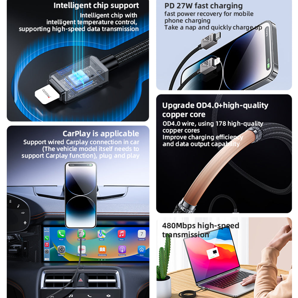 Cavo Dati e Ricarica USB-C - Lightning Yesido CA195, 27W, 1.2m, Nero