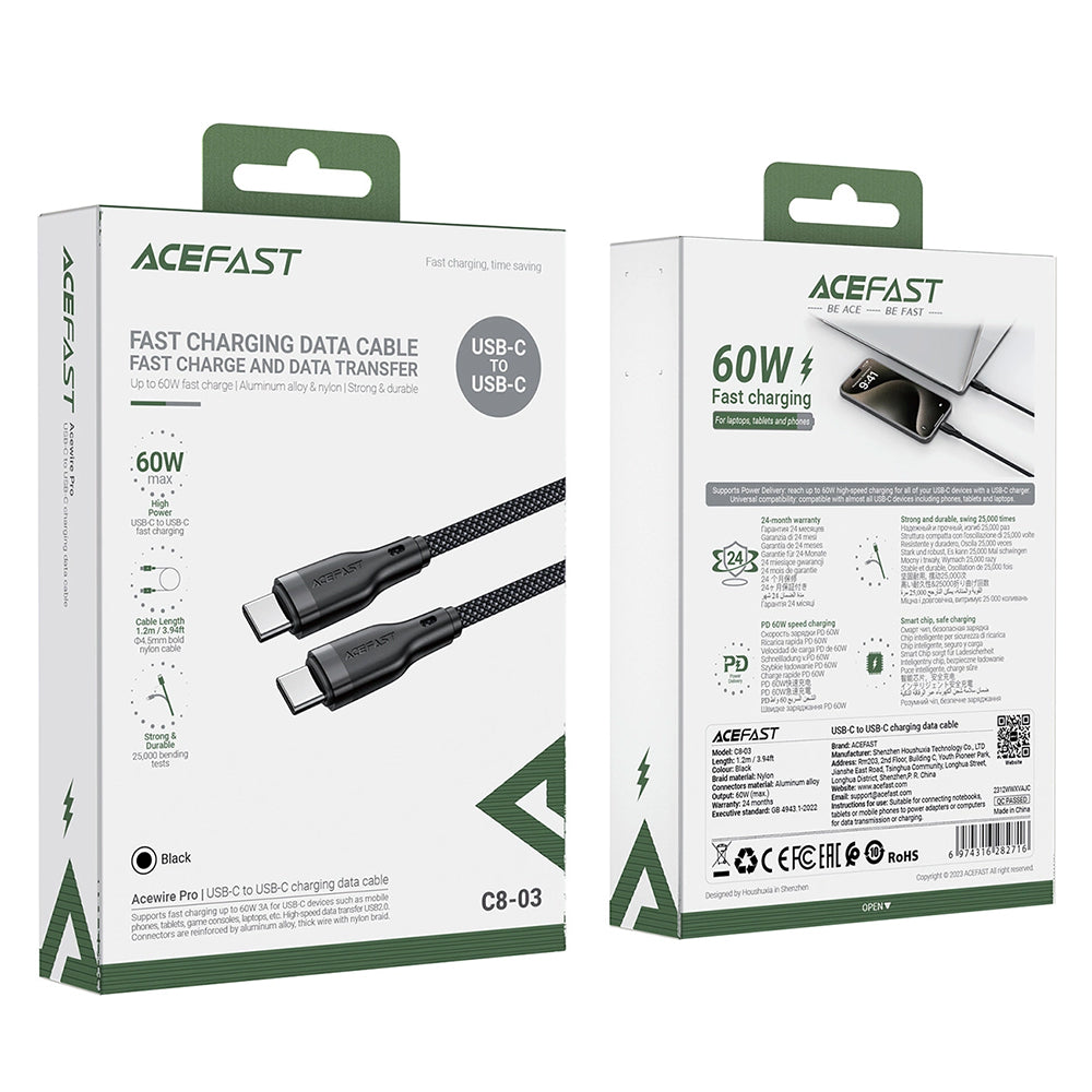 Cavo Dati e Ricarica USB-C - USB-C Acefast C8-03, 60W, 1.2m, Nero