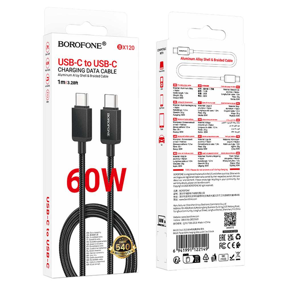 Cavo Dati e Ricarica USB-C - USB-C Borofone BX120 Placer, 60W, 1m, Nero