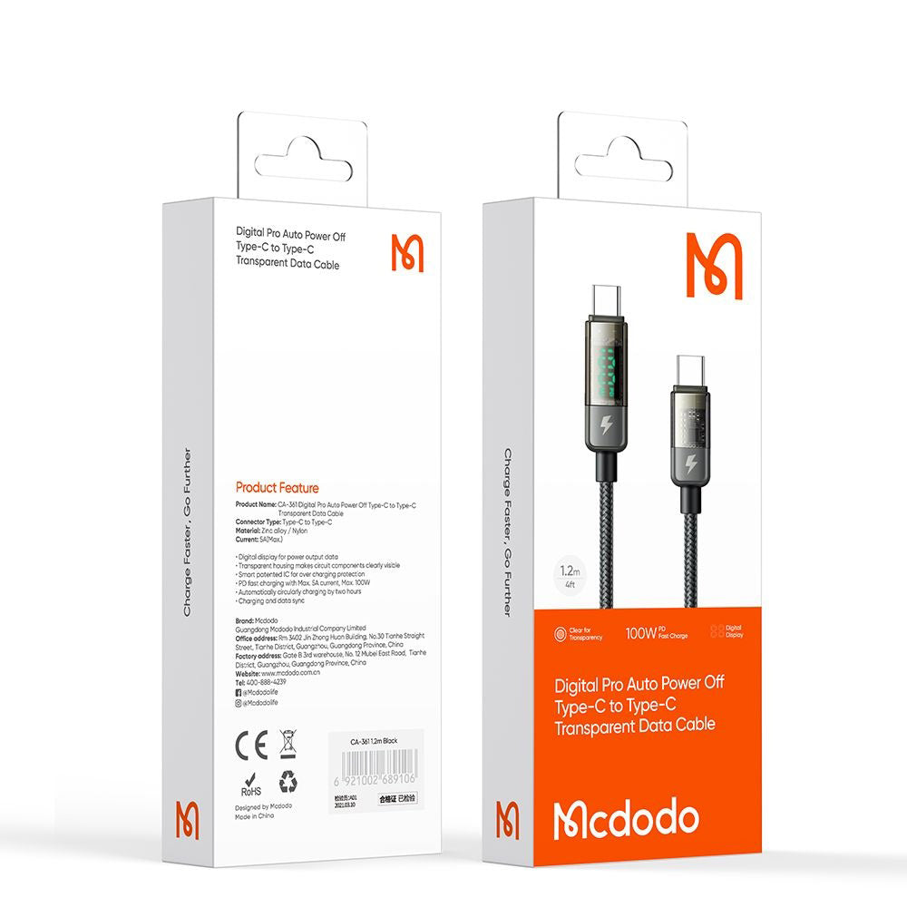 Cavo Dati e Ricarica USB-C - USB-C McDodo CA-3610 Display Auto Power Off, 100W, 1.2m, Nero