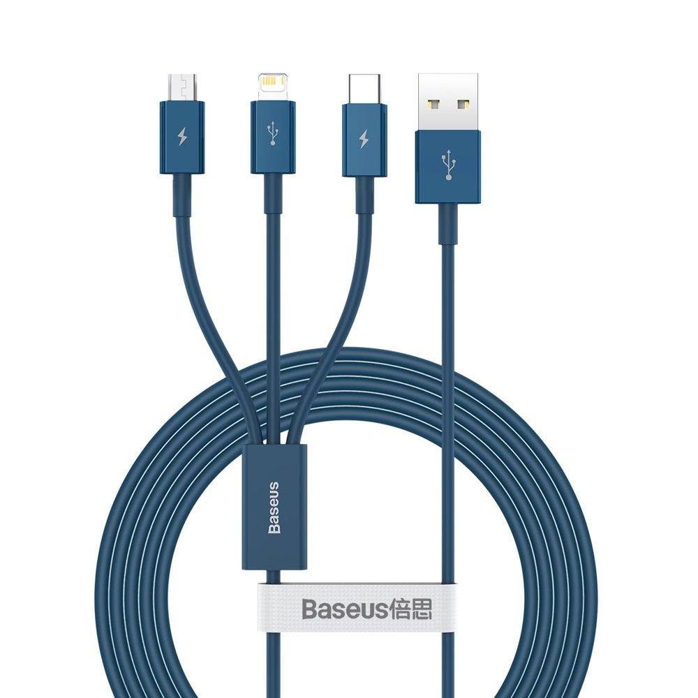 Cavo di ricarica USB-A - Lightning / microUSB / USB-C Serie Baseus Superior 3in1, 20W, 1,5 m, blu CAMLTYS-03