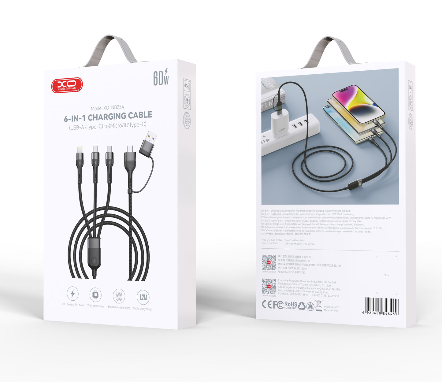 Cavo di ricarica USB-A / USB-C - Lightning / microUSB / USB-C XO Design NB254 3in1, 60W, 1,2m, Nero