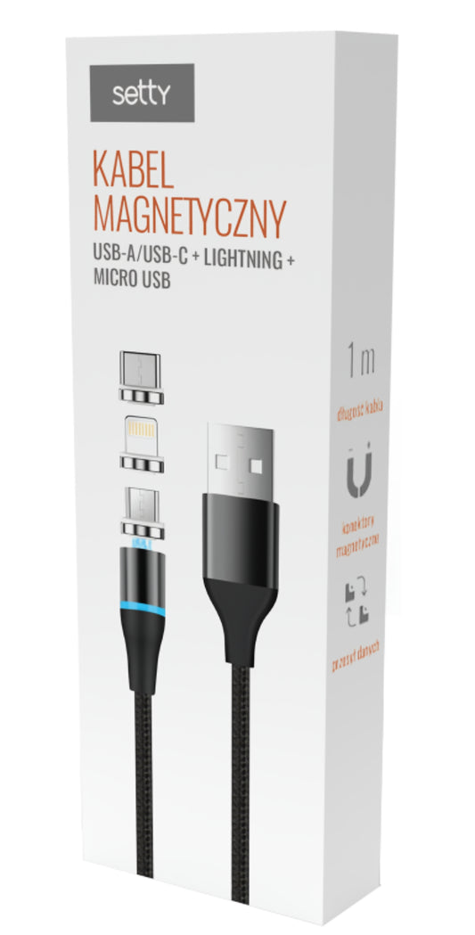 Cavo di Ricarica USB-A - Lightning / microUSB / USB-C Setty Magnetic DT 3in1, 12.5W, 1m, Nero