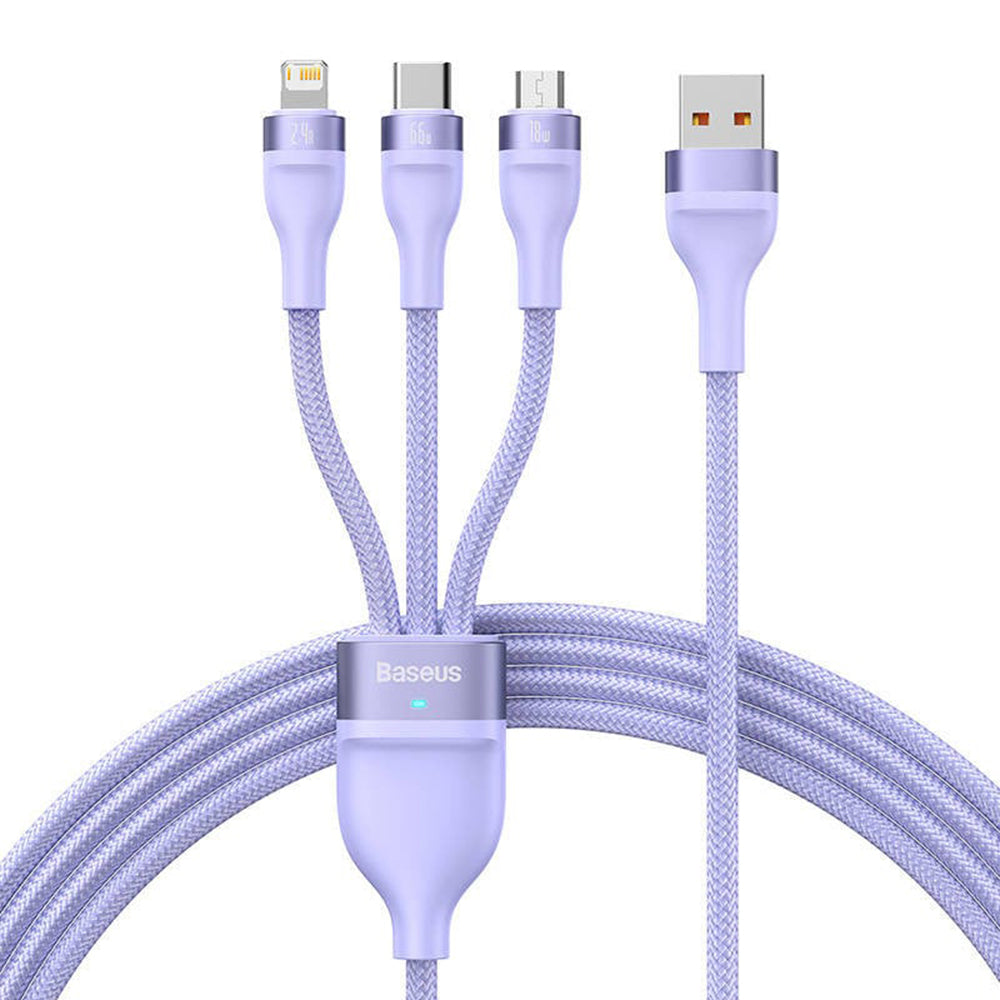 Cavo di Ricarica USB-A - Lightning / microUSB / USB-C Baseus Flash Series II 3in1, 66W, 1.2m, Viola CASS040005