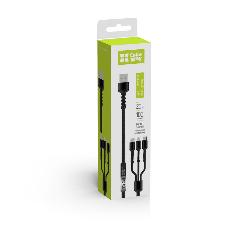 Cavo di ricarica USB-A - Lightning / microUSB / USB-C ColorWay CW-CBU3003, 20W, 1.2m, Grigio