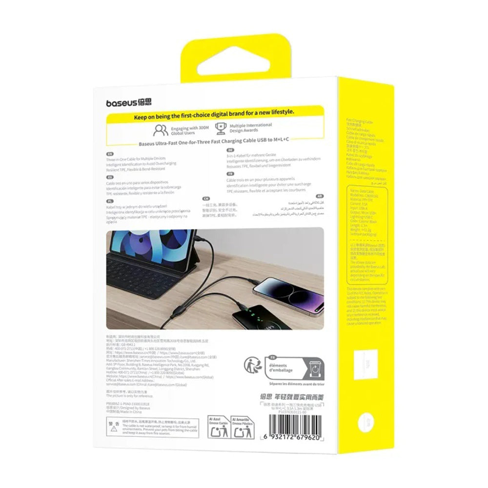 Cavo di Ricarica USB-C - Lightning / microUSB / USB-C Baseus Ultra Fast 3in1, 20W, 0.8m, Nero P10377501111-00