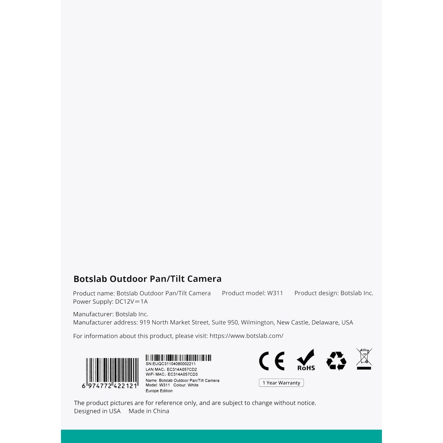 Telecamera di sorveglianza Botslab W311, Wi-Fi, 2K, IP66, per esterni