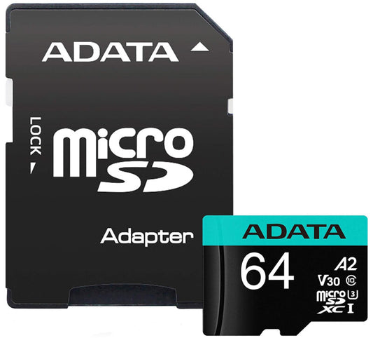 Scheda di Memoria microSDXC Adata Premier Pro, 64Gb, Classe 10 / UHS-1 U3, Con Adattatore AUSDX64GUI3V30SA2-RA1