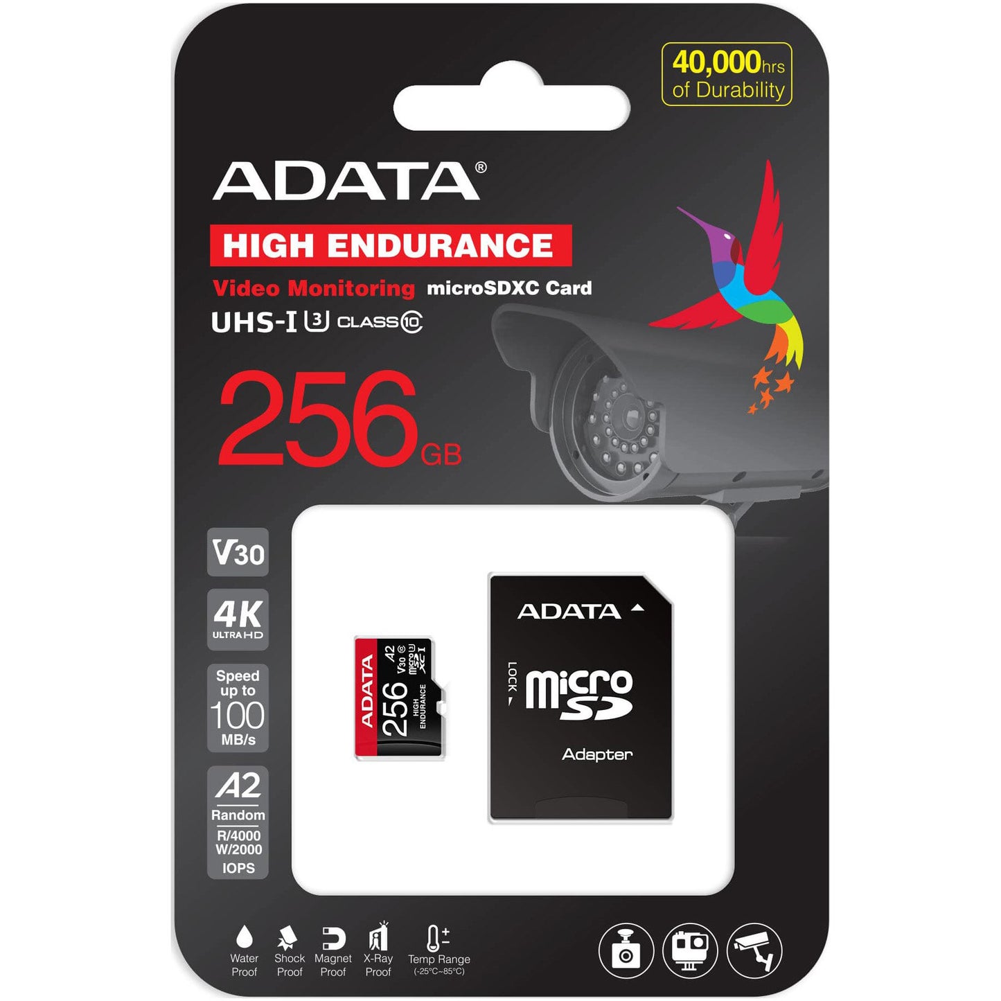 Scheda di Memoria microSDXC Adata High Endurance, 256Gb, Classe 10 / UHS-1 U3, Con Adattatore AUSDX256GUI3V30SHA2-RA1