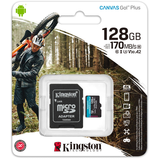 Scheda di memoria microSDXC Kingston Canvas Go Plus, 128Gb, Classe 10 / UHS-1 U3, con adattatore SDCG3/128GB