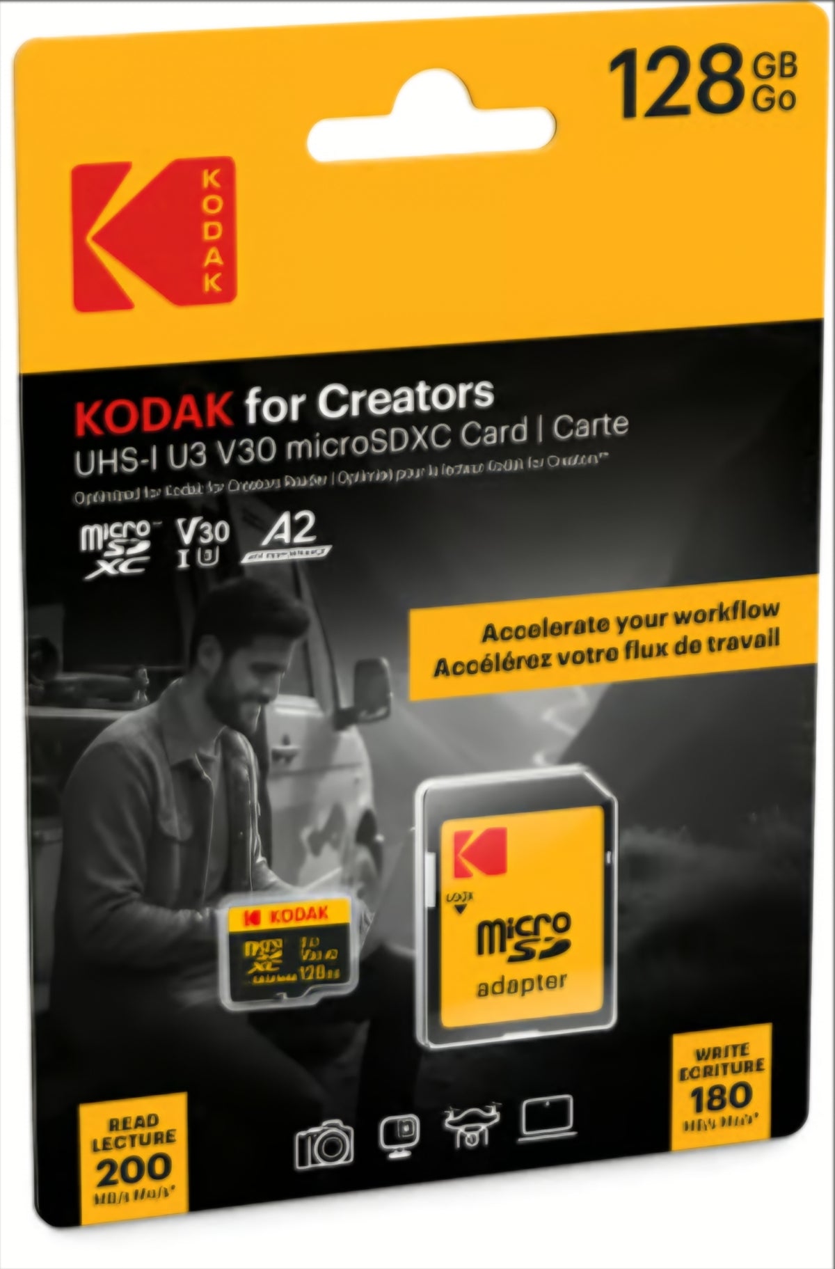 Scheda di memoria microSDXC Kodak for Creators, 128Gb, Classe 10 / UHS-1 U3, con adattatore EKMSDM128GXCU3CR