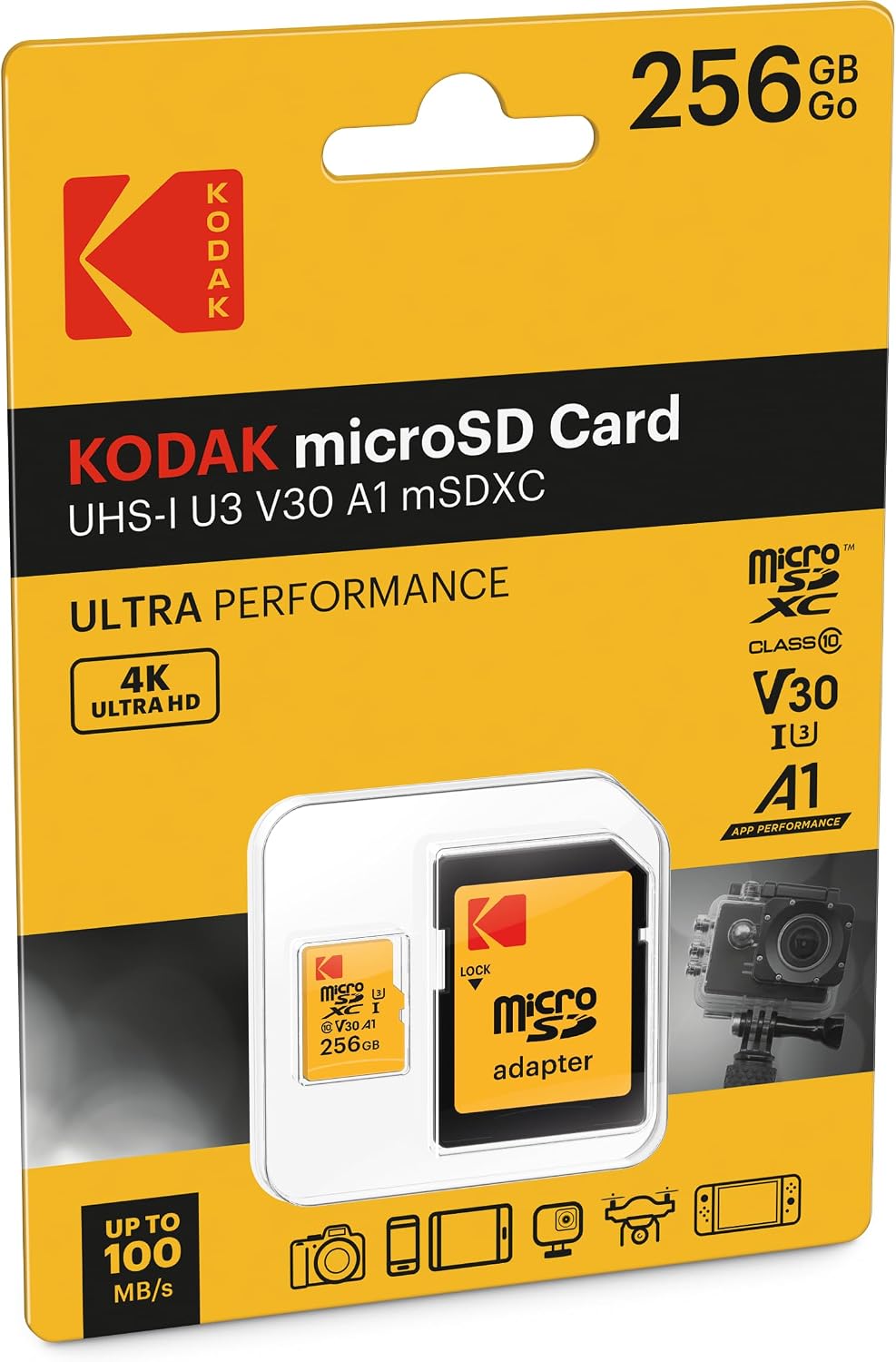 Scheda di memoria microSDXC Kodak, 256Gb, Classe 10 / UHS-1 U3, con adattatore EKMSDM256GXC10HPRK
