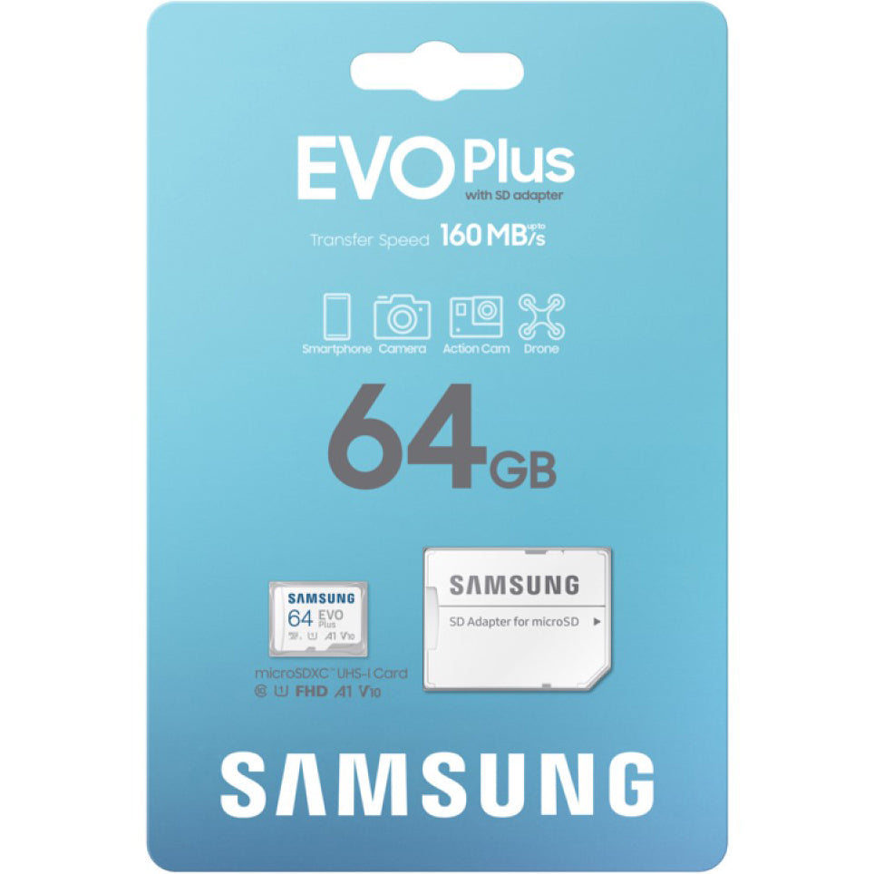 Scheda di memoria microSDXC Samsung Evo Plus, 64Gb, Classe 10 / UHS-1 U1, Con Adattatore MB-MC64SA/EU