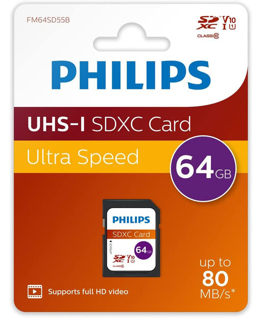 Scheda di Memoria SDXC Philips, 64Gb, Classe 10 / UHS-1 U1 FM64SD55B/00