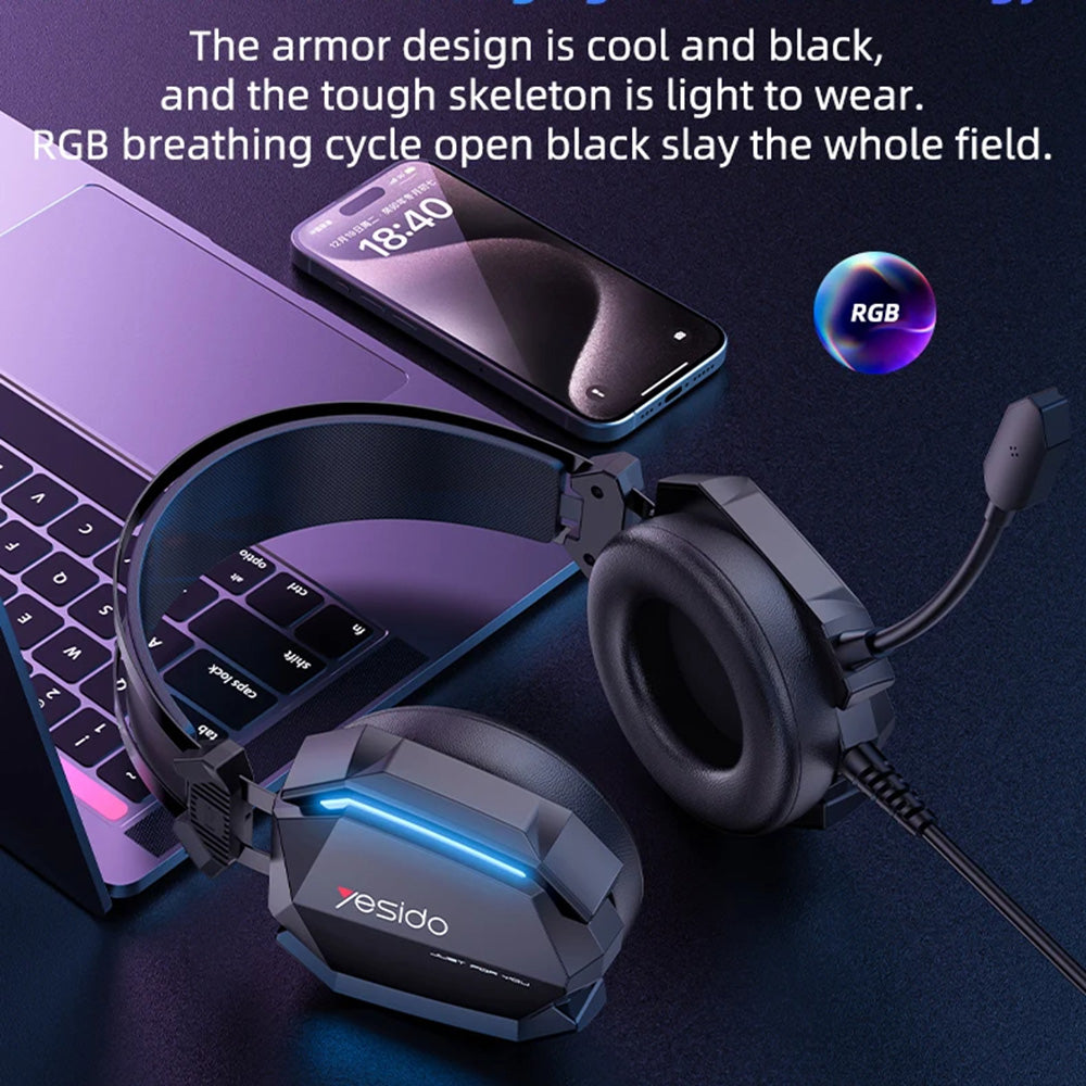 Cuffie Gaming 3.5mm Yesido EK03, RGB, 2m, Nere