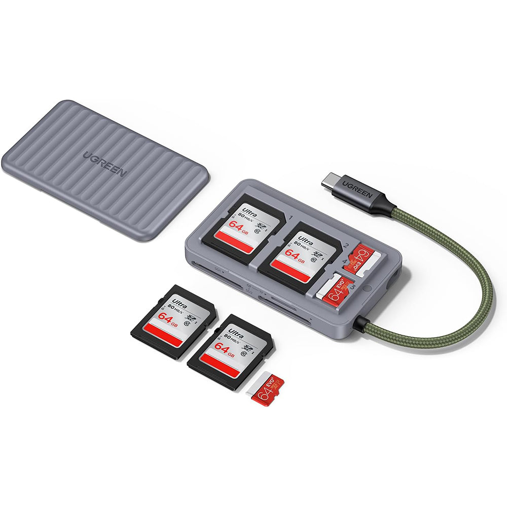 UGREEN 55886 USB-C Card Reader with Organizer, 2 x SD - microSD, Gray