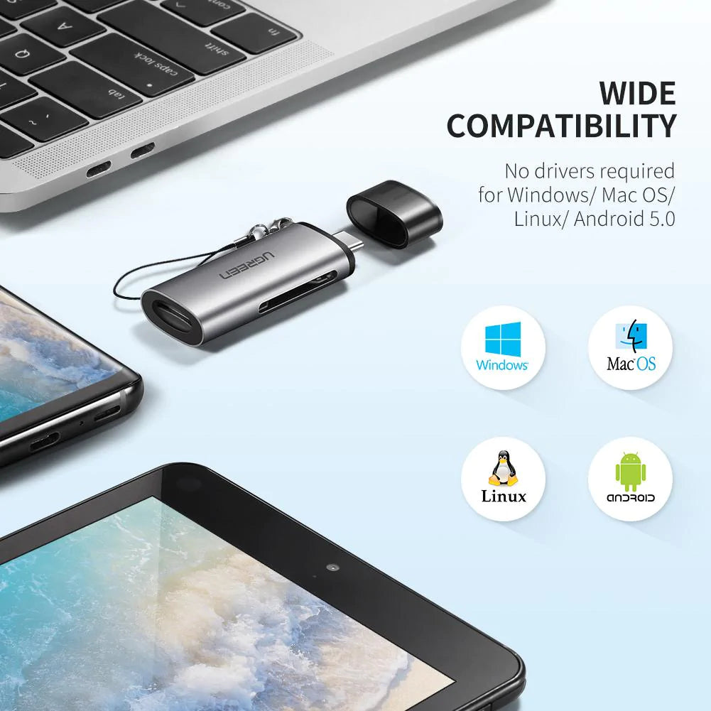 Lettore di schede USB-C UGREEN CM184, SD - microSD, Grigio