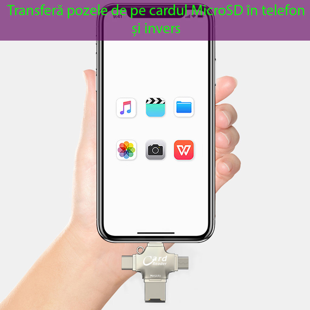 Lettore di schede USB / USB-C / Lightning / microUSB Yesido GS13, microSD, Argento