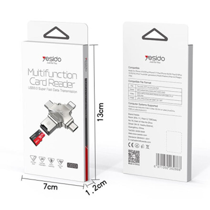Lettore di schede USB / USB-C / Lightning / microUSB Yesido GS13, microSD, Argento