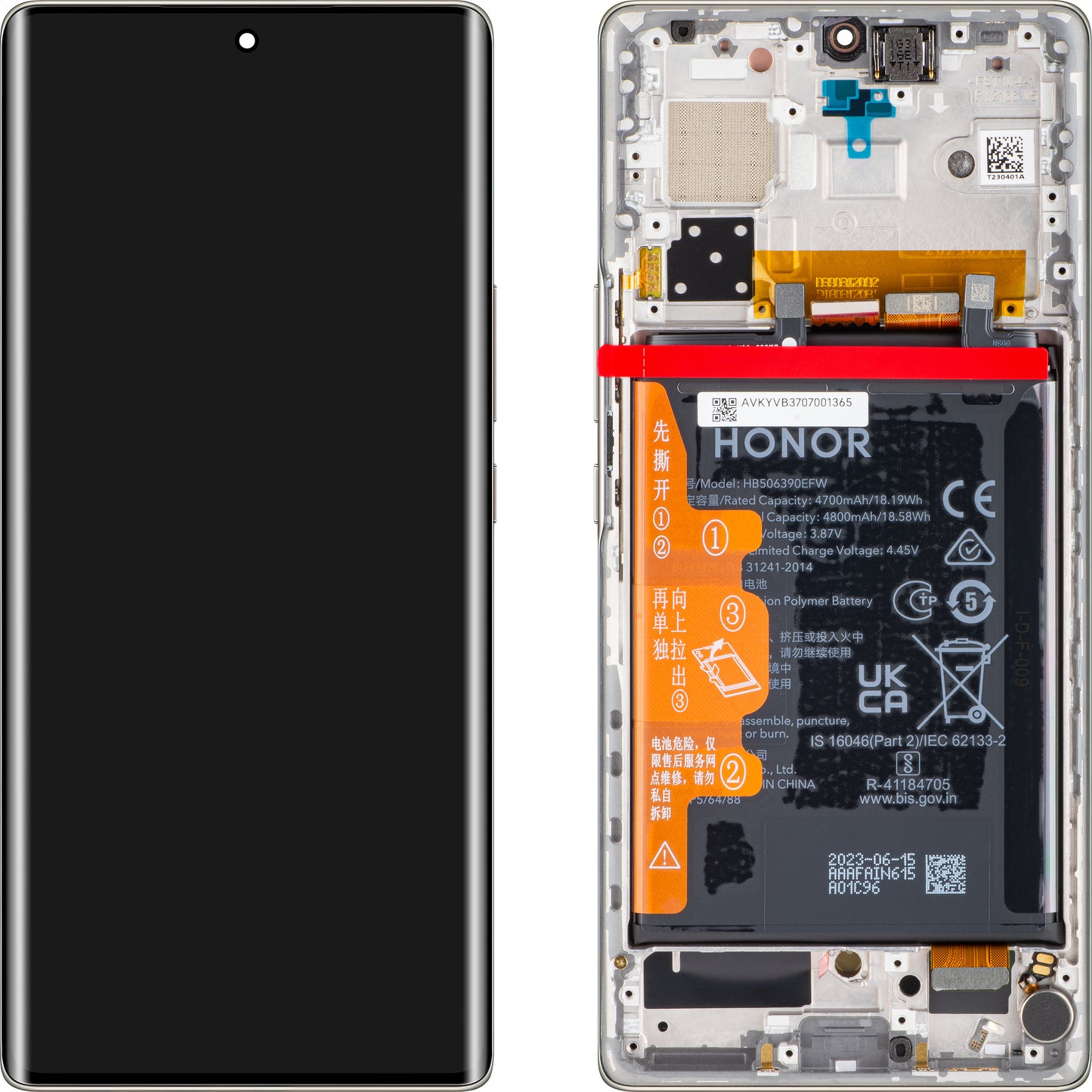 Touchscreen Display Honor 70, with Frame and Battery, Silver (Crystal Silver), Service Pack 0235ACMG