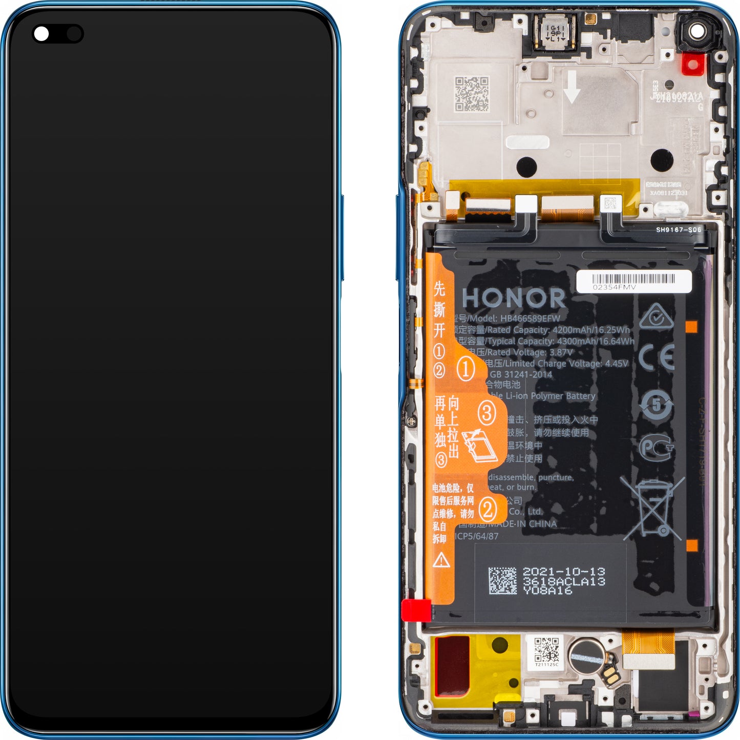 Display touchscreen Honor 50 Lite, con cornice e batteria, blu scuro, Service Pack 02354FMW