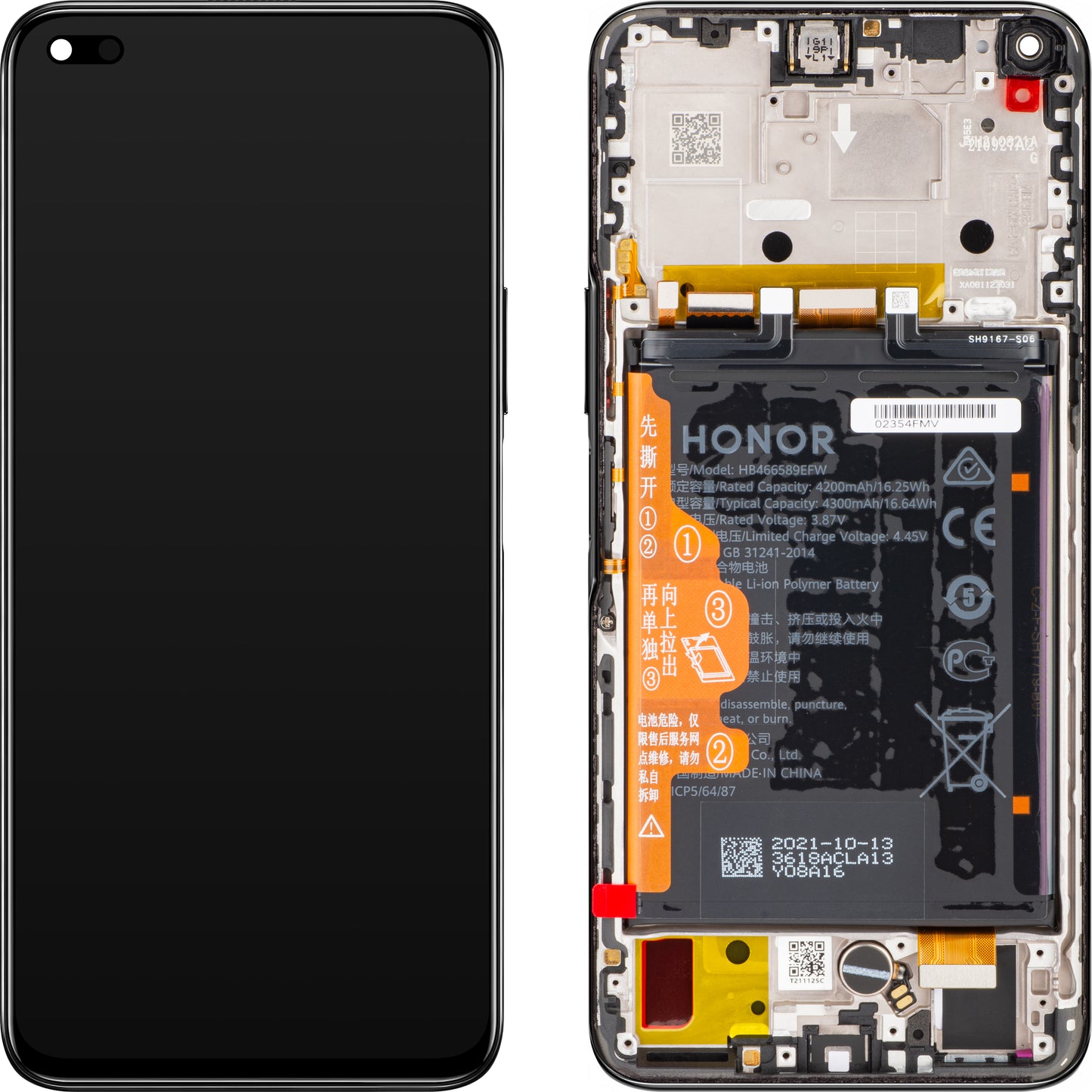 Display touchscreen Honor 50 Lite, con cornice e batteria, nero notte, Service Pack 02354FMV