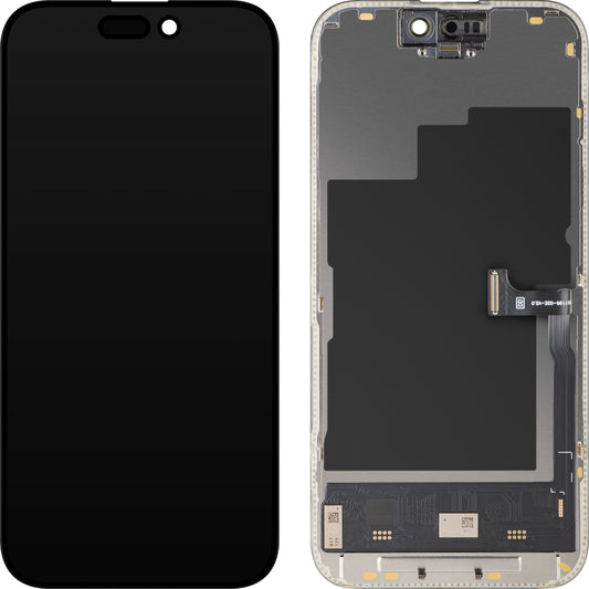 Display con Touchscreen MP compatibile con Apple iPhone 15 Pro, con Cornice, Versione Soft OLED IC Movable 120Hz FHD, Nero