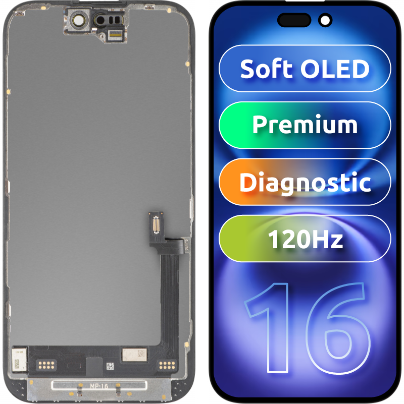 Display con Touchscreen MP compatibile con Apple iPhone 16, con Cornice, Versione Premium Soft OLED FHD 120Hz Diagnostico, Nero