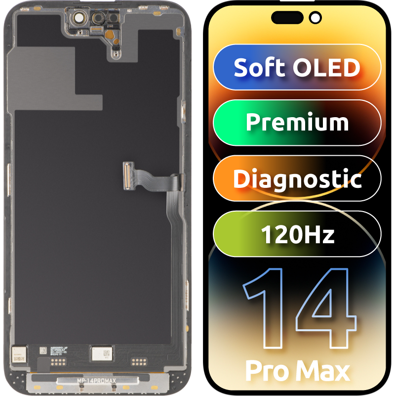 Display con Touchscreen MP compatibile con Apple iPhone 14 Pro Max, con Cornice, Versione Premium Soft OLED FHD 120Hz Diagnostico, Nero