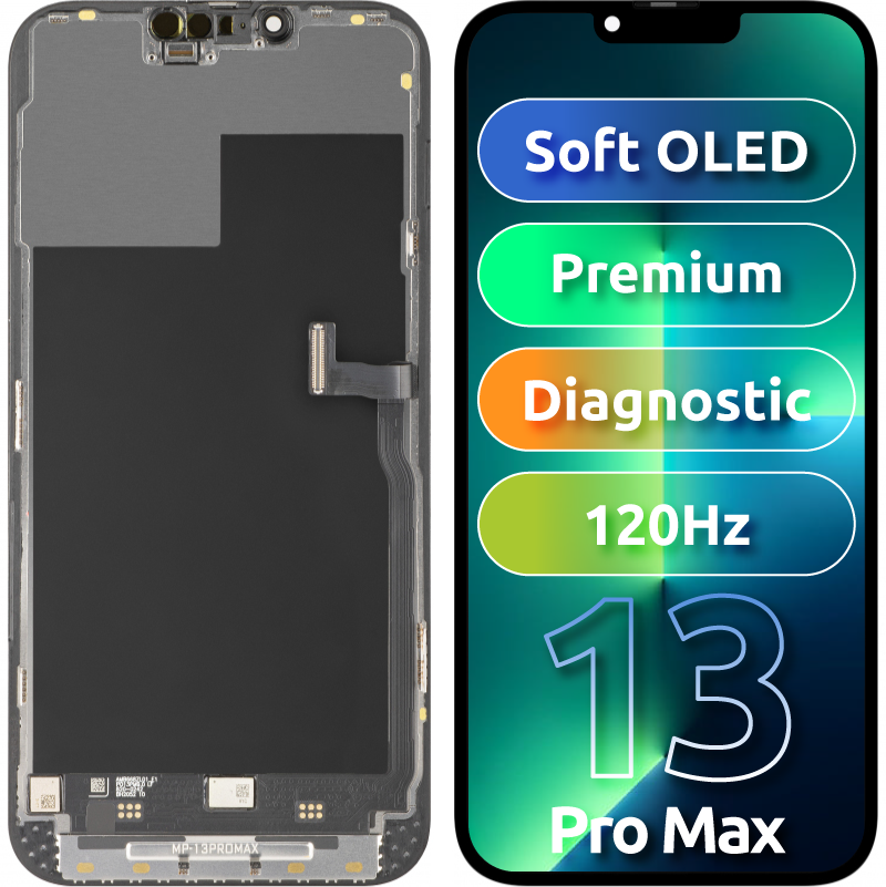 Display con Touchscreen MP compatibile con Apple iPhone 13 Pro Max, con Cornice, Versione Premium Soft OLED FHD 120Hz Diagnostico, Nero