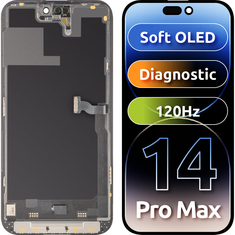 Display con Touchscreen MP compatibile con Apple iPhone 14 Pro Max, con Cornice, Versione Soft OLED 120Hz FHD Diagnostic, Nero