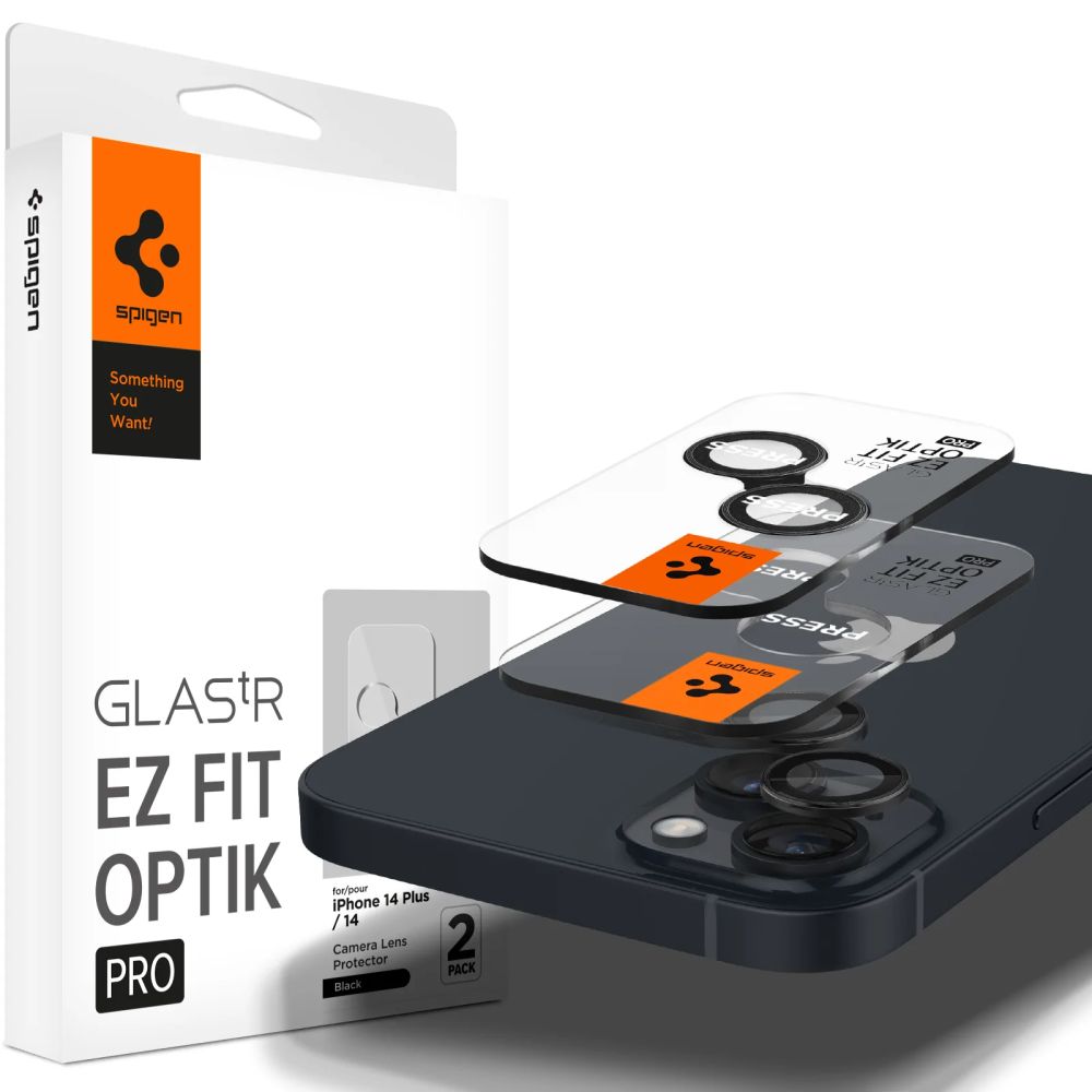 Pellicola protettiva per fotocamera posteriore Spigen GlastR EZ FIT Optik Pro per Apple iPhone 15 Plus / 15, Vetro Temperato, Set 2 pezzi, Nera AGL05213