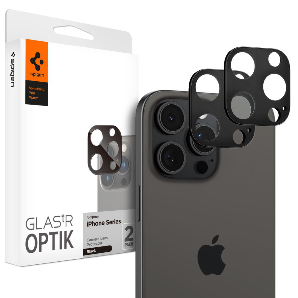 Spigen Optik Pellicola protettiva della fotocamera posteriore per Apple iPhone 15 Pro Max / 15 Pro, protetta dal vetro, completamente incollata, set di 2 pezzi, nero AGL05273