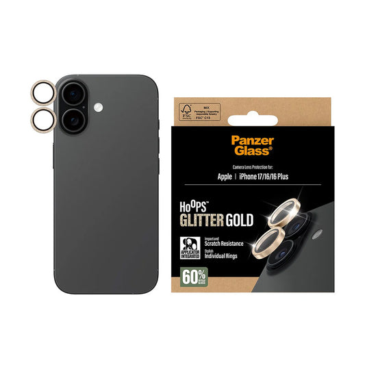 Pellicola protettiva per fotocamera posteriore PanzerGlass Hoops Glitter per Apple iPhone 17 / 16 Plus / 16, Vetro Temperato, Dorato