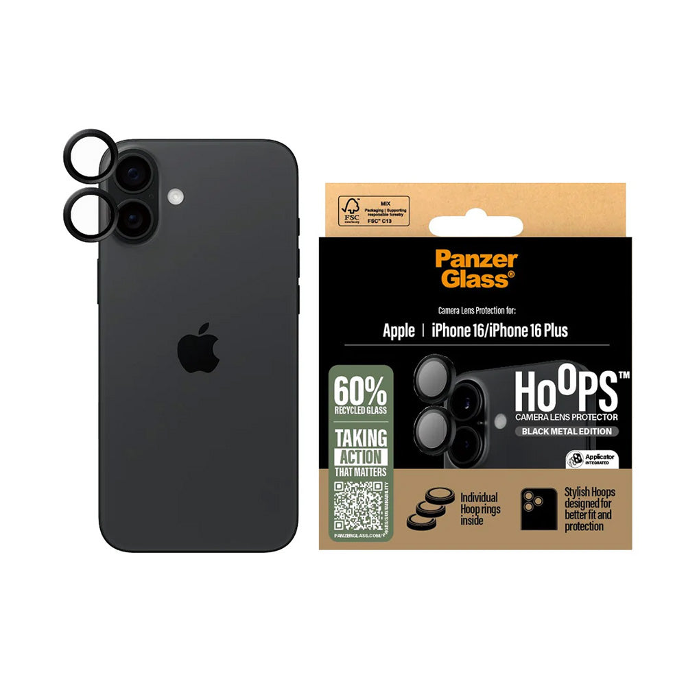 Pellicola protettiva per Fotocamera Posteriore PanzerGlass Hoops per Apple iPhone 16 Plus / 16, Vetro Temperato, Nero