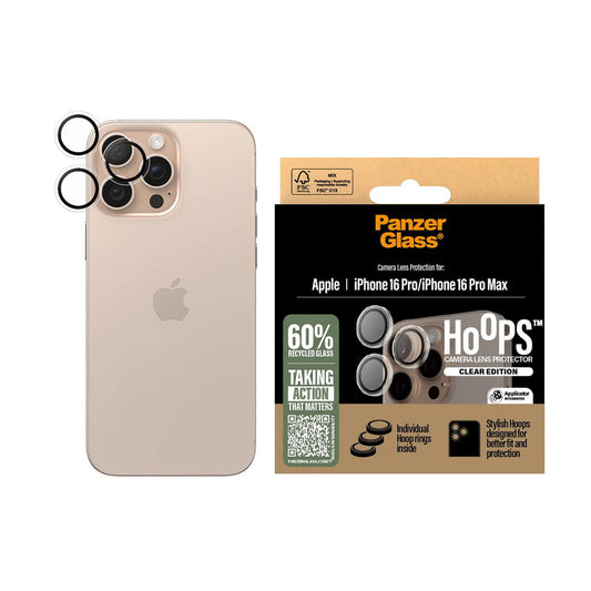 Pellicola protettiva per Fotocamera Posteriore PanzerGlass Hoops per Apple iPhone 16 Pro Max / 16 Pro, Vetro Temperato, Trasparente