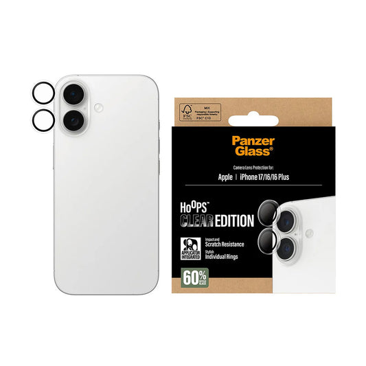 Pellicola protettiva per Fotocamera Posteriore PanzerGlass Hoops per Apple iPhone 17 / 16 Plus / 16, Vetro Temperato, Trasparente