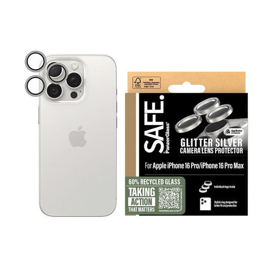 Pellicola protettiva per fotocamera posteriore PanzerGlass Safe. Glitter per Apple iPhone 16 Pro Max / 16 Pro, Vetro Temperato, Argento.