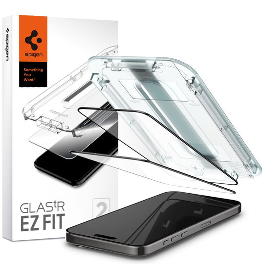 Spigen EZ FIT Screen Protector per Apple iPhone 15 Pro Max, vetro schermato, colla completa, set 2 pezzi, 2.5D, nero AGL06873 AGL06873
