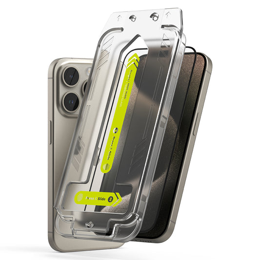 Pellicola protettiva Schermo Ringke Easy Slide per Apple iPhone 15 Pro Max, Vetro Temperato, Full Glue, Set 2 pezzi, Nera