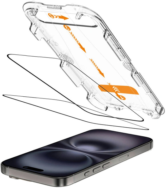 Pellicola Protettiva Schermo Tech-Protect Quick Set+ per Apple iPhone 16 / 15, Vetro Temperato, Full Glue, Set 2 pezzi, Nera
