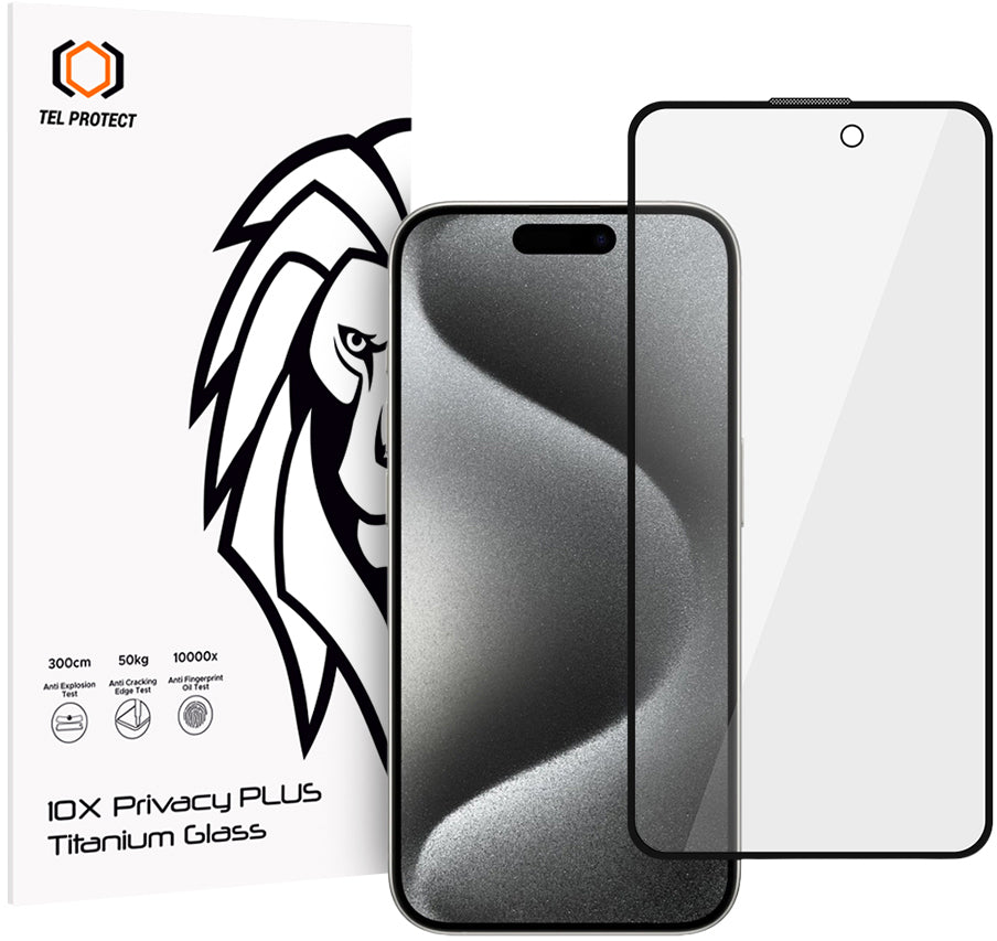Pellicola protettiva per schermo Privacy Tel Protect 10X Plus Titanium per Apple iPhone 17 / 16 Pro, Vetro Temperato, Full Glue