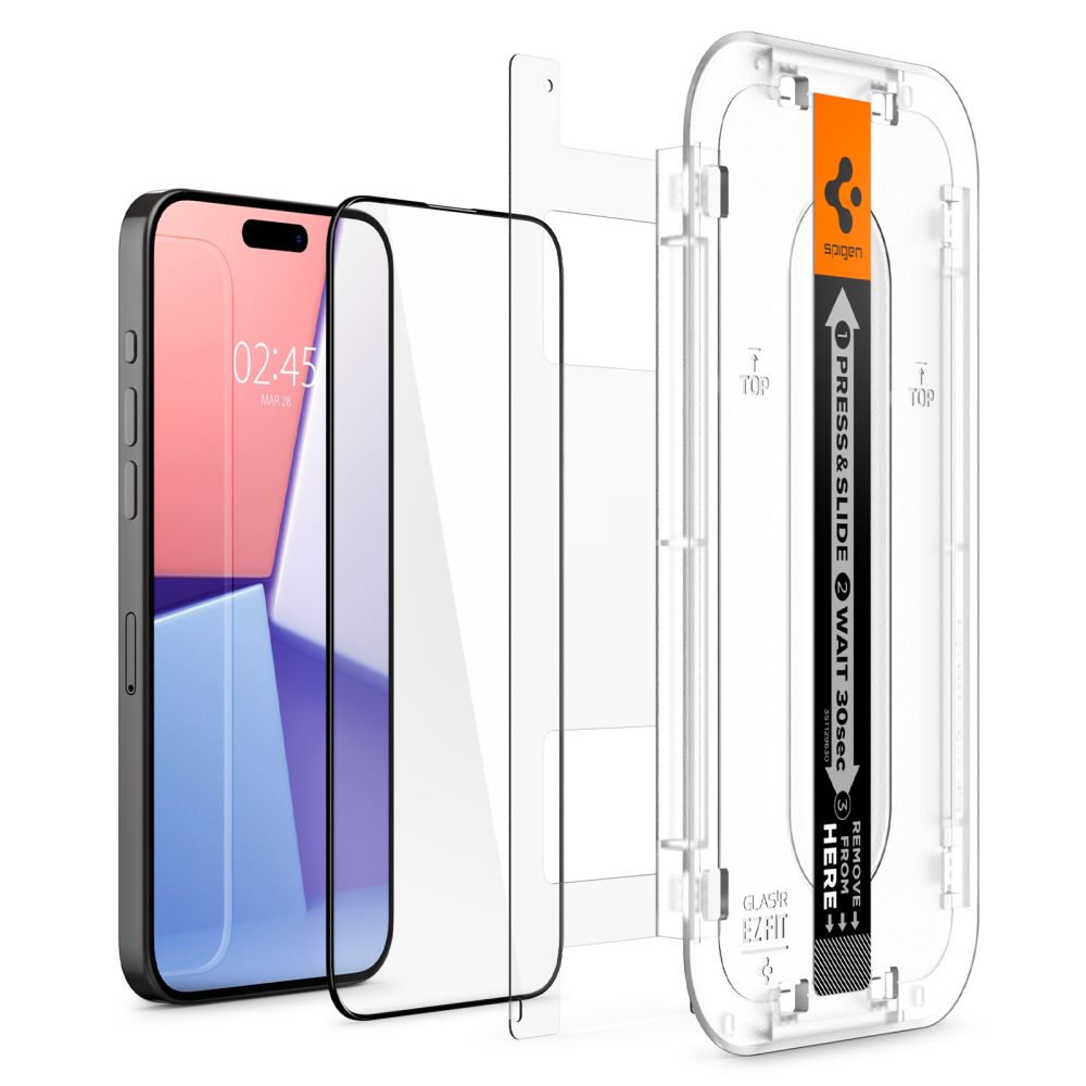 Spigen EZ FIT Pellicola protettiva per Apple iPhone 15 Pro Max, vetro schermato, colla completa, 2,5D, compatibile con la custodia, nero AGL06879 AGL06879