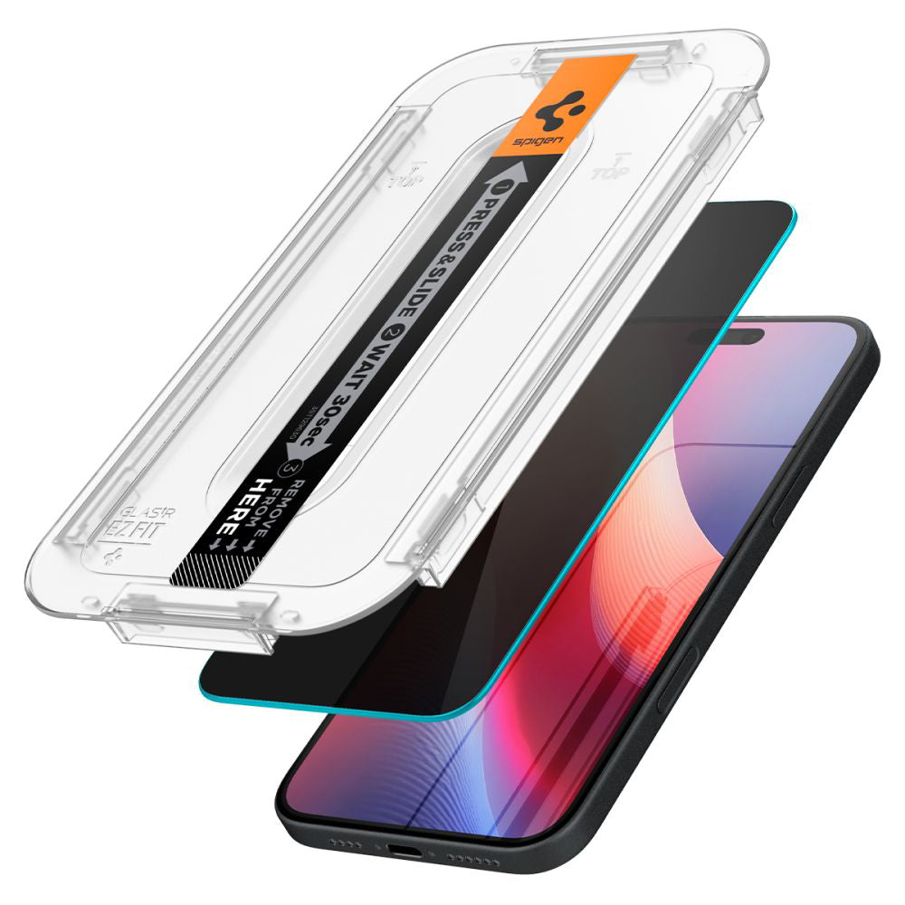 Pellicola Protettiva Schermo Privacy Spigen GlastR EZ FIT per Apple iPhone 16 / 15, Vetro Temperato, Full Glue, Set 2 pezzi AGL06905