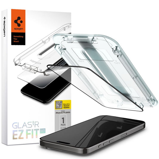 Spigen EZ FIT Screen Protector per Apple iPhone 15, vetro schermato, colla completa, 2,5D, compatibile con la custodia, nero AGL06908 AGL06908