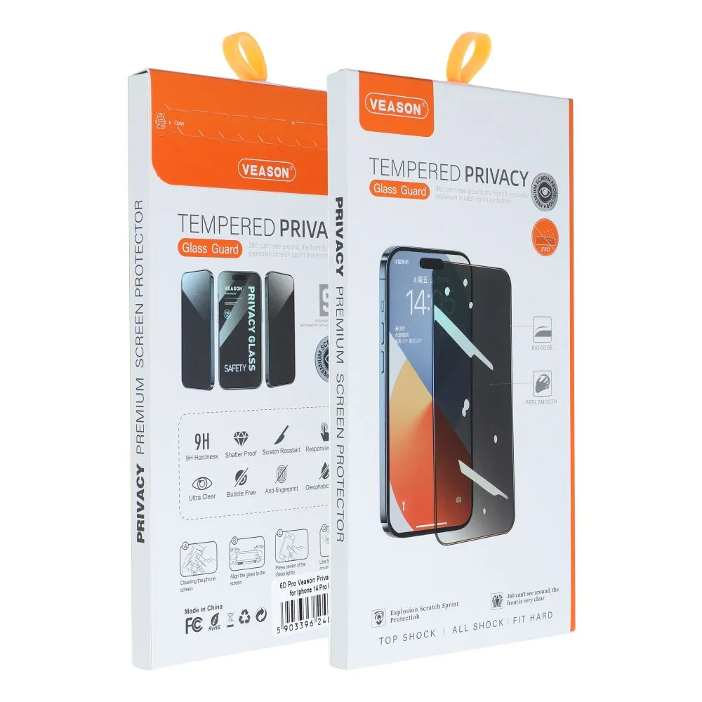 Pellicola protettiva per schermo Privacy Veason per Apple iPhone 17e / 16e / 14 / 13 Pro, Vetro temperato, Colla completa, 6D