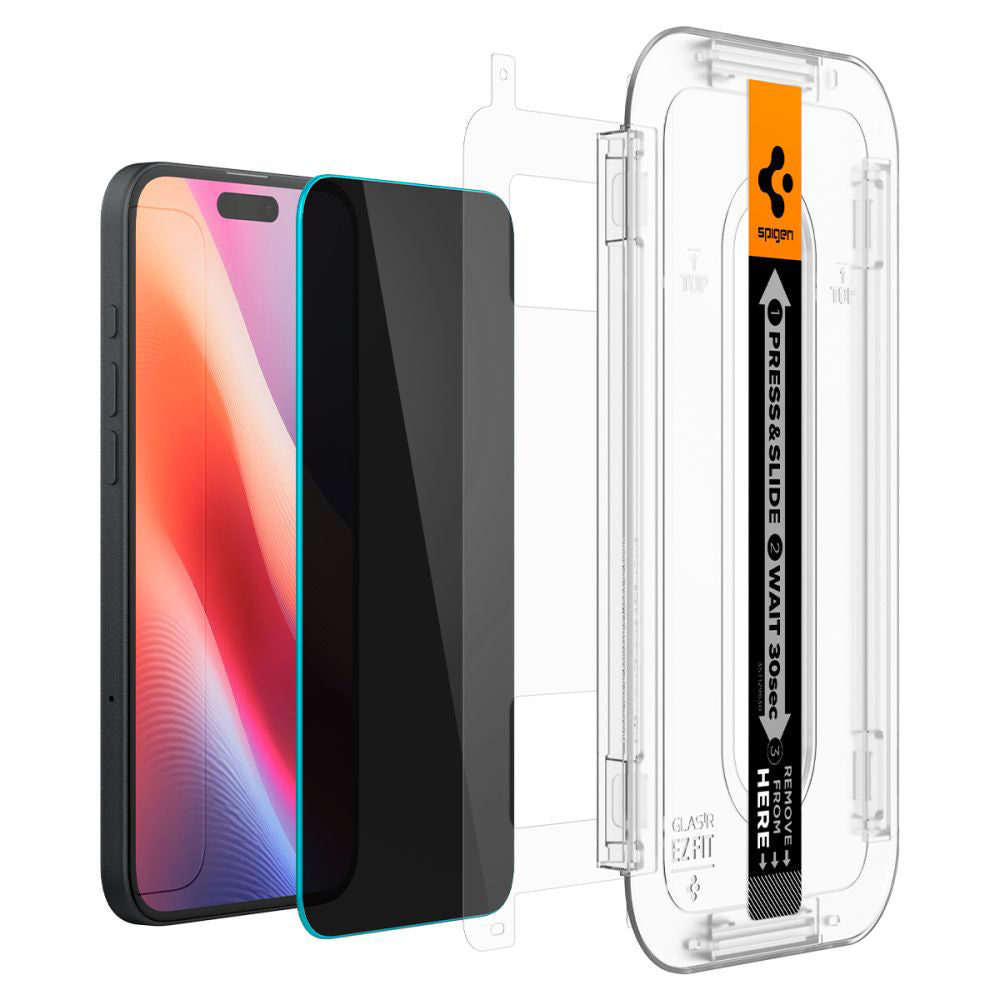 Pellicola Protettiva Schermo Privacy Spigen GlastR EZ FIT per Apple iPhone 16 / 15, Vetro Temperato, Full Glue, Set 2 pezzi AGL06905