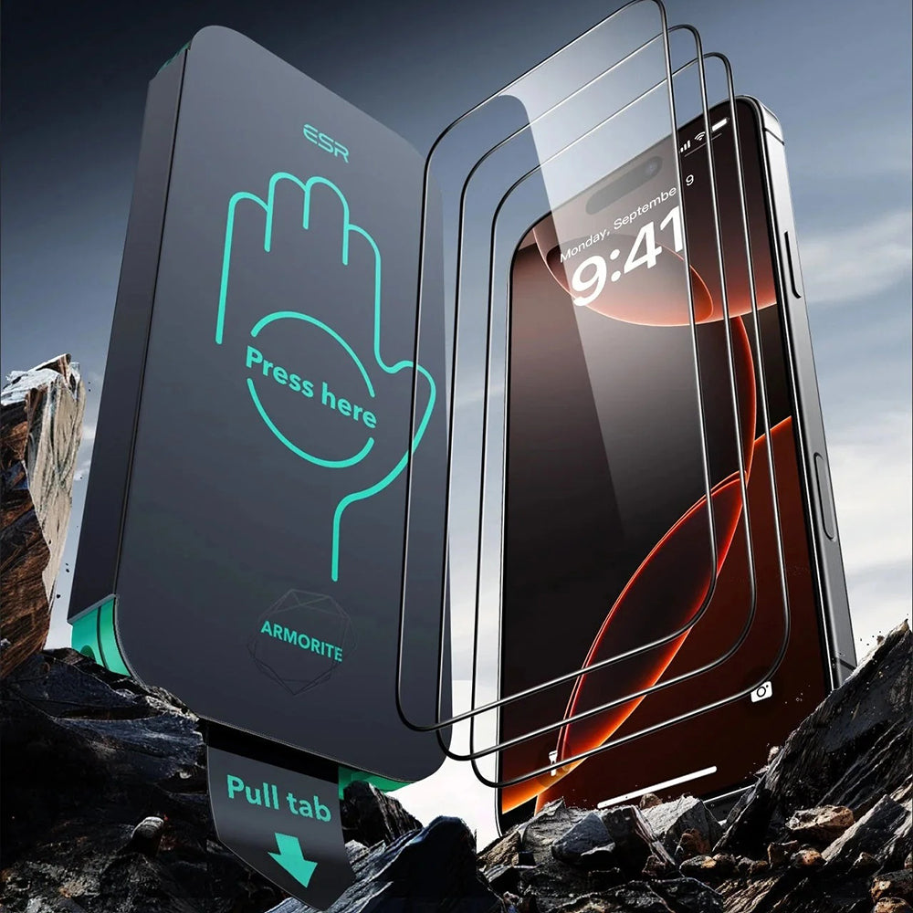 Pellicola Protettiva Schermo ESR Armorite UltraFit per Apple iPhone 17 / 16 Pro, Vetro Temperato, Full Glue, Set 3 pezzi, Nera