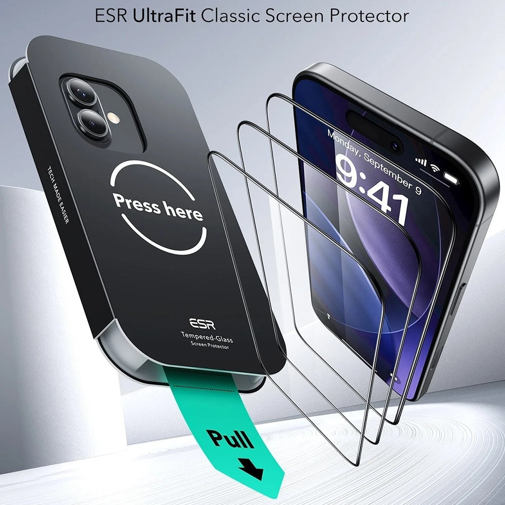 Pellicola protettiva ESR UltraFit per Apple iPhone 17 / 16 Pro, Vetro Temperato, Full Glue, Set 3 pezzi